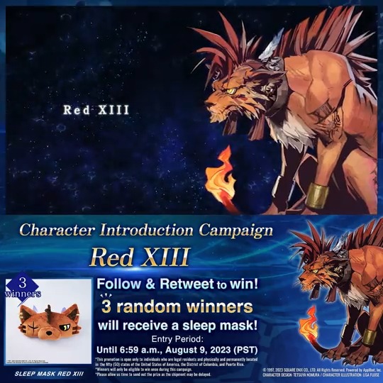 Follow & RT to enter the Character Introduction Campaign! 3 winners chosen at random will receive an adorable Red XIII Sleep Mask! You have until 8/9 6:59 PST to enter! Let us know what you think of #RedXIII ! #FF7EC #FF7EverCrisis #FF7 1/2