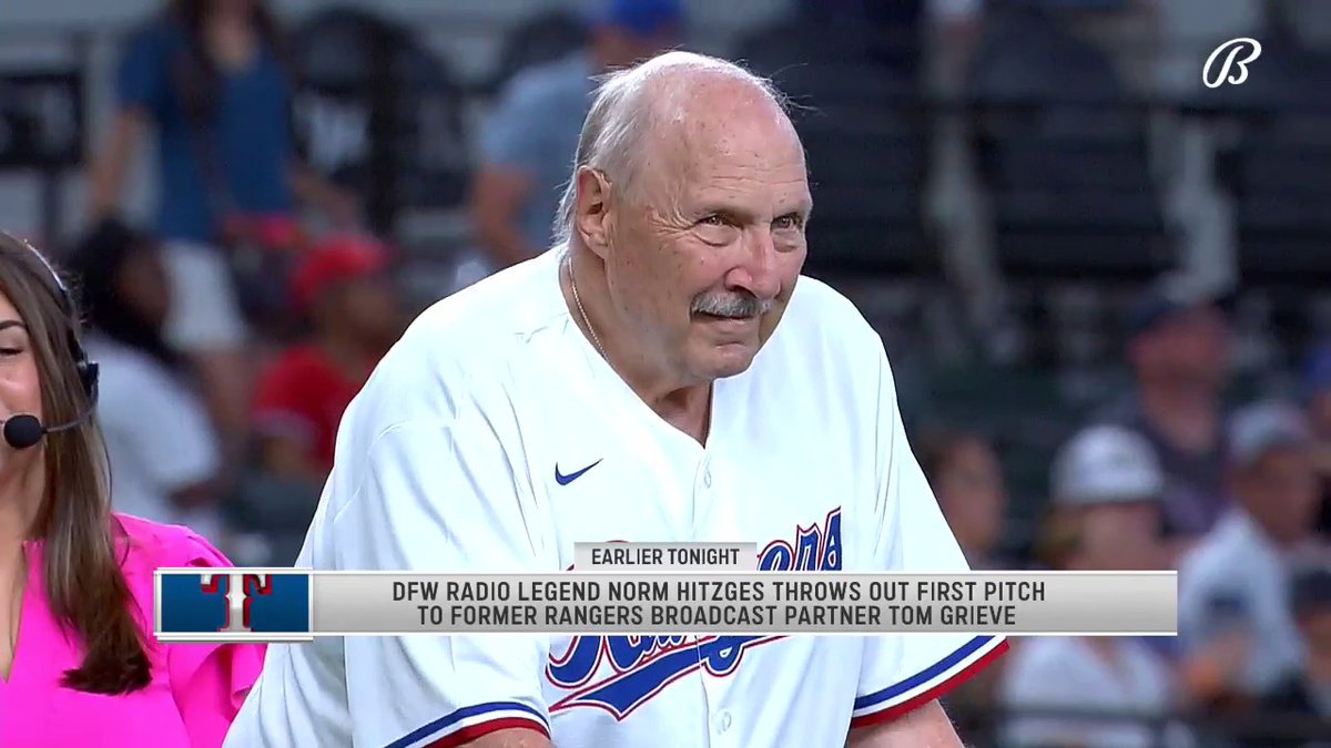 Norm Hitzges throws out first pitch to former Rangers broadcast partner, Tom Grieve! Texas Rangers | #StraightUpTX | 📺: BSSW