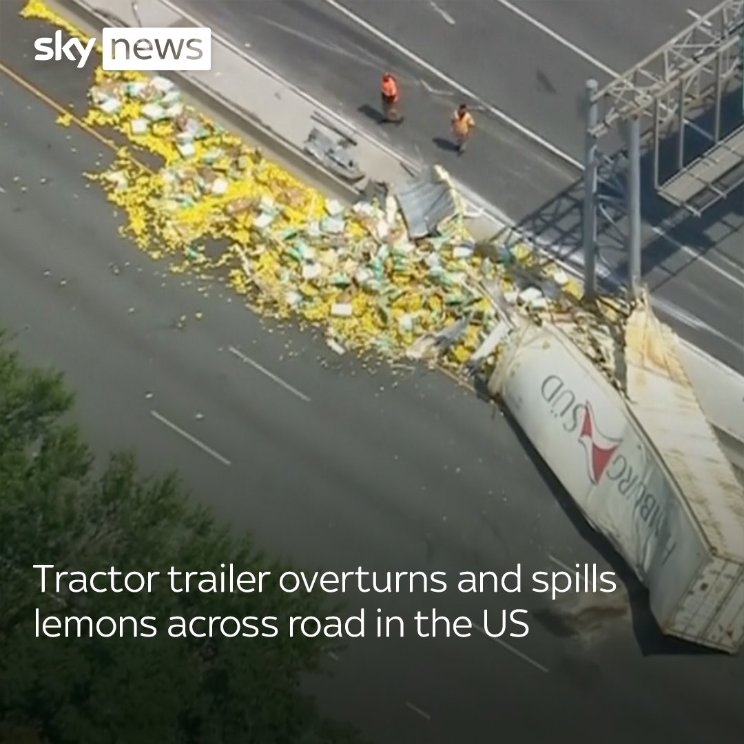 A tractor trailer has overturned and sent lemons spilling across a New Jersey highway. The container with lemons dislodged from the trailer and broke open after the vehicle crashed into the overhead sign.
