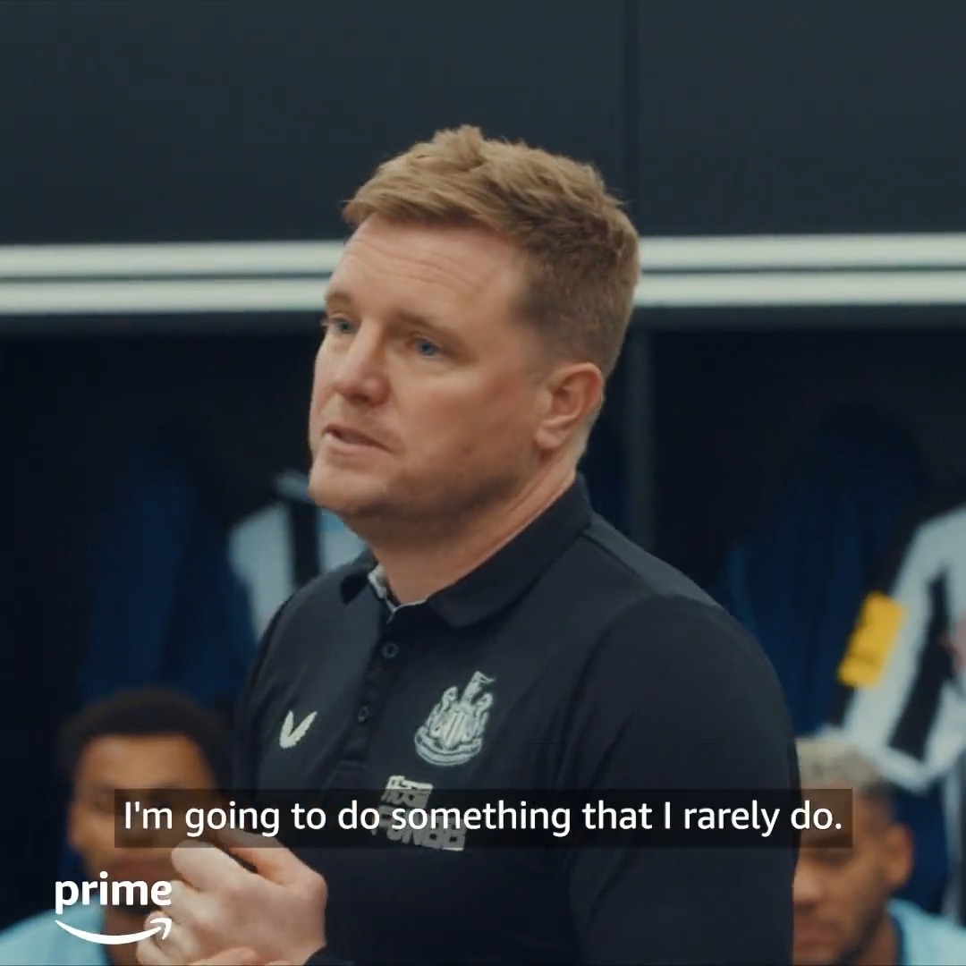 😳⚫️ Eddie Howe used comments from Erik ten Hag to fire his up his players before the game vs Man United. "Lets f*cking give it to them!" — Newcastle went on to win that game 2-0. (Prime Video Sport UK)