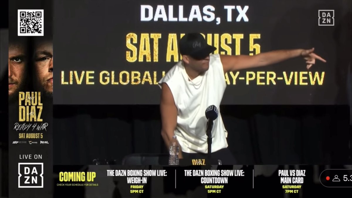 ‼️ Nate Diaz rages as Jake Paul's betting company employee Derek trolls him again at their final press conference ahead of Saturday night: "Bring this little bitch up here." [🎥 DAZN Boxing]