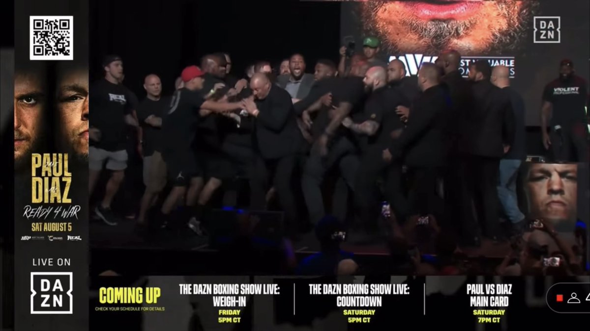 ‼️ Jake Paul vs Nate Diaz face-off descends into a BRAWL between teams and security at their final press conference… [🎥 DAZN Boxing]