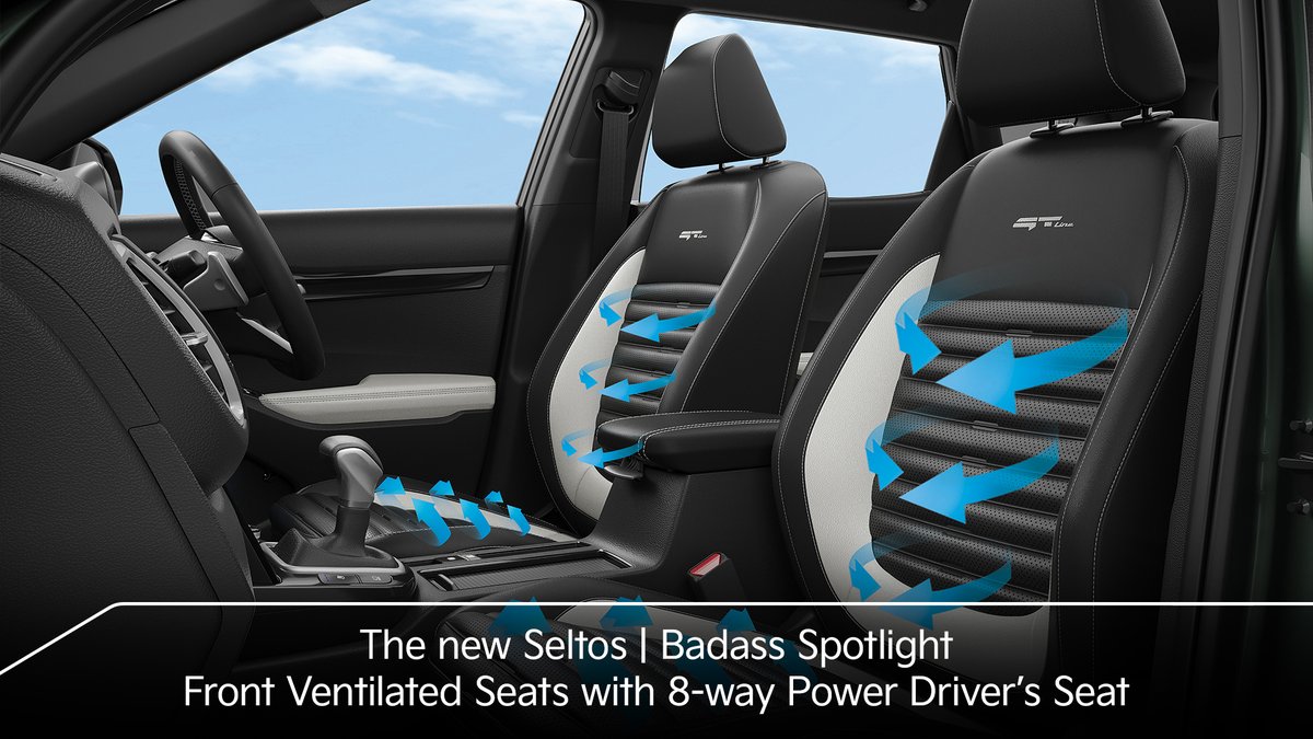 #TheNewSeltos provides you unmatched comfort &amp; extreme ease with its Front Ventilated Seats. It cools the front seats by circulating air from the seat base &amp; seat back, while the 8-way power driver’s seat adjustment makes it even more convenient. *T&amp;C apply. #TheBadassReborn