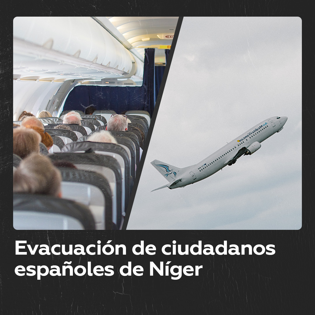 Un avión evacua a ciudadanos españoles de Níger Un avión del Ejército del Aire español despega de Niamey, Níger, con destino a España llevando a bordo un número desconocido de personas tras el golpe militar.