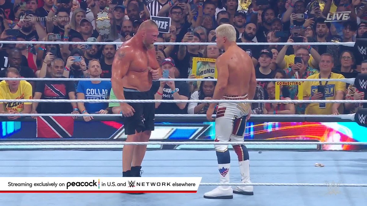 RESPECT. Brock Lesnar and Cody Rhodes shake hands following an incredible third encounter at #SummerSlam!