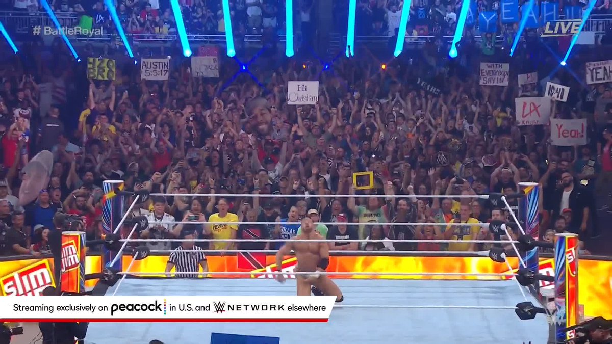 WHOSE WIN IS IT?! LA Knight is your winner of the Slim Jim 🚀 #SummerSlam Battle Royal! YEAH!