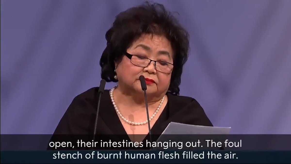 78 years ago today the first atomic bomb was dropped over Hiroshima, instantly killing tens of thousands of the city's inhabitants. Setsuko Thurlow, then 13, was one of the city's survivors. In 2017 she jointly accepted the #NobelPeacePrize in Oslo on behalf of ICAN.