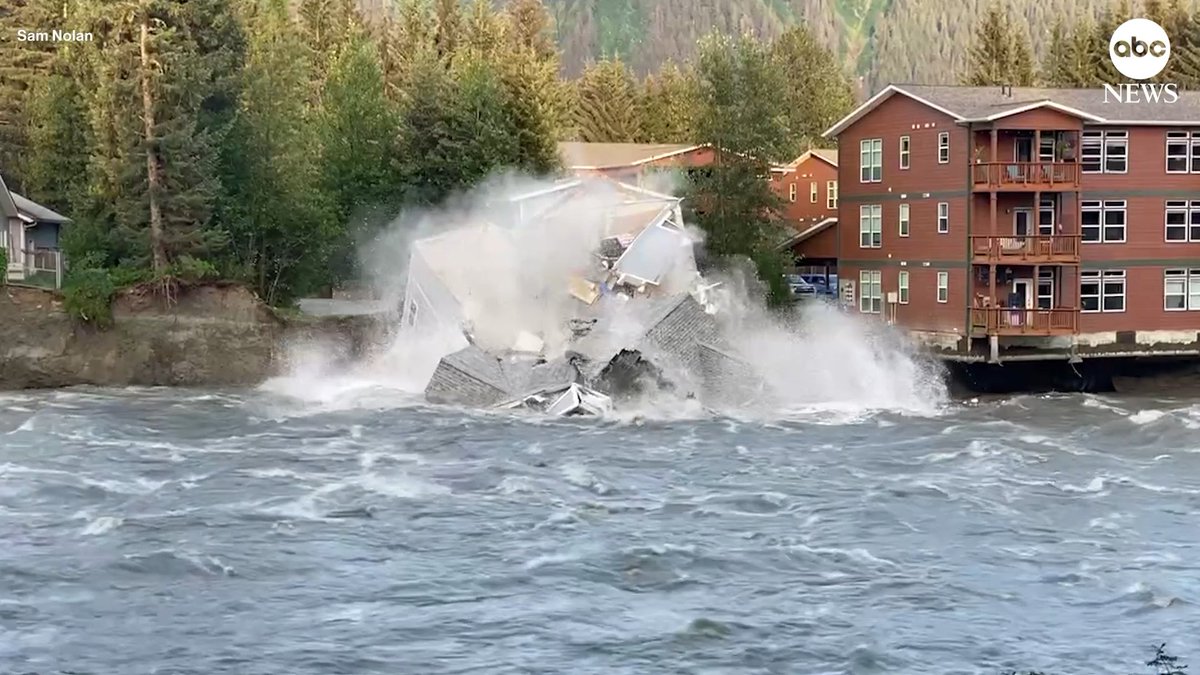 Bystanders could only watch as a home collapsed into the Mendenhall River in Juneau, Alaska, amid major flooding and erosion caused by a new glacier lake outburst flood.