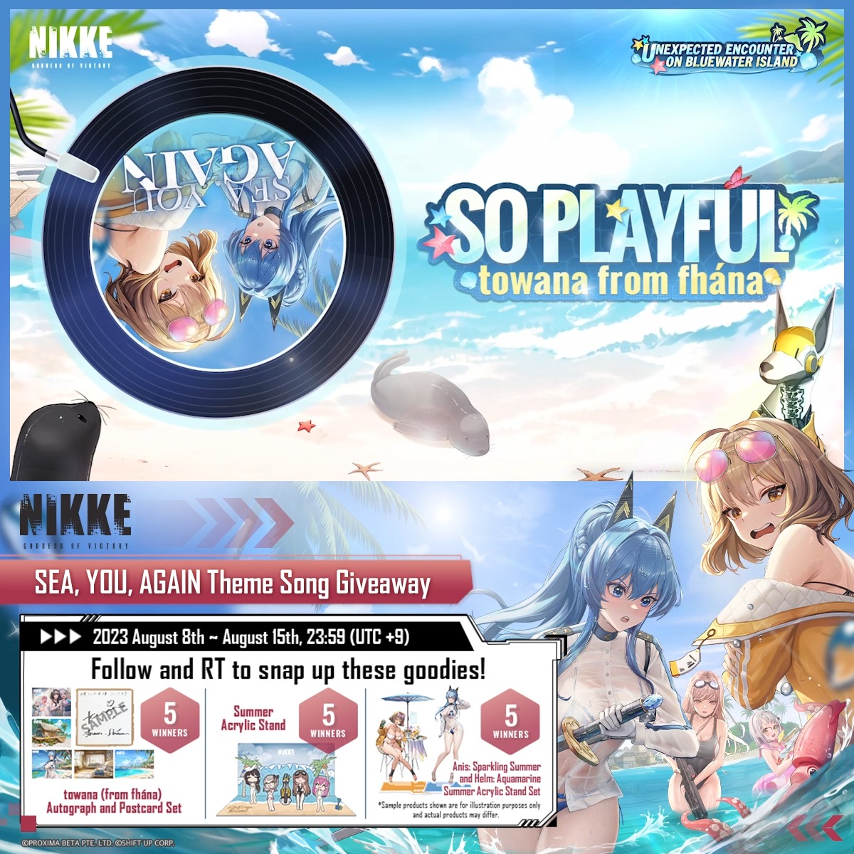 【SEA, YOU, AGAIN Theme Song 「SO PLAYFUL」 Event】 The 「SO PLAYFUL」 event giveaway begins! How to Join 1. Follow GODDESS OF VICTORY: NIKKE 2. RT this post Rewards 1. fhána’s Autograph & Postcard Set x5 2. Summer Acrylic Stand x5 3. Summer Character Acrylic Stand Set x5 #NIKKE #Contest