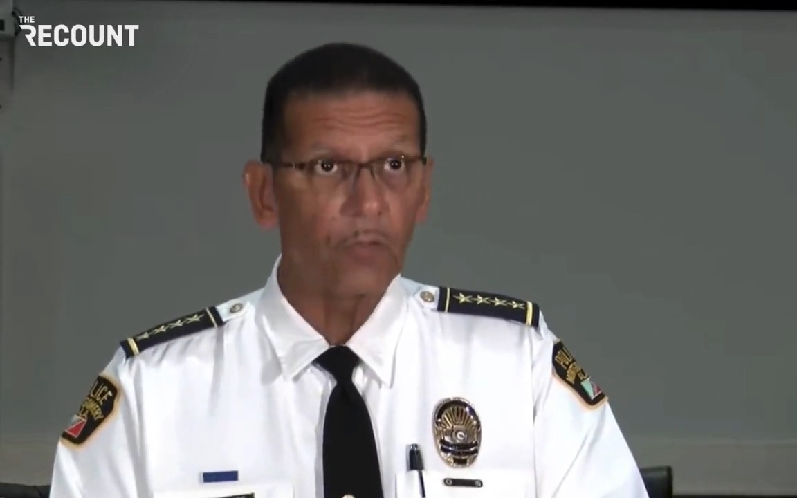 Montgomery Police Chief Darryl Albert lists the names of the white suspects and charges in the riverboat brawl, and asks that the Black male who was wielding the folding chair “contact the Montgomery Police Department for further interviews and as part of this investigation.”