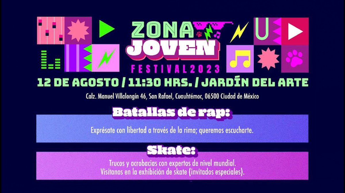 Agradezco la invitación de las y los organizadores de “Zona joven, festival 2023”, en el que habrá actividades artísticas y recreativas para conmemorar el Día Internacional de la Juventud. Ojalá que nos puedan acompañar este sábado. Allá nos vemos.