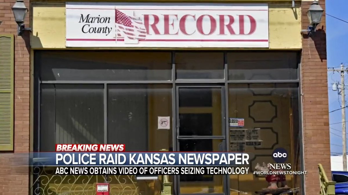.ABC News News has obtained video of a police raid on a small-town Kansas newspaper. The publisher says his 98-year-old mother, with whom he co-owned the paper, died one day later from the stress she suffered. Faith Abubéy reports.