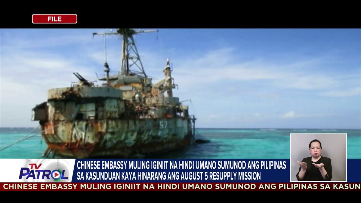 Iginiit muli ng Chinese Embassy na hindi umano sumunod ang Pilipinas sa kasunduang alisin ang BRP Sierra Madre kaya pinigilan ang resupply mission sa Ayungin Shoal. Kaugnay na ulat: