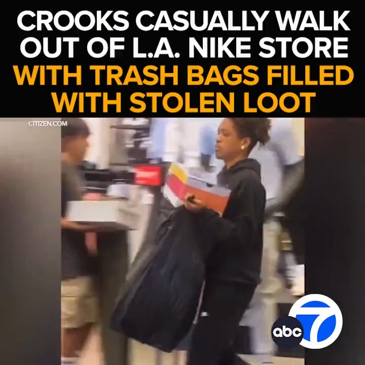 They don't even bother to run. Several crooks walk out of an East L.A. Nike store with trash bags filled with stolen loot, not seemingly worried about being identified or caught. Now, angry customers sound off - Tonight at 11 from ABC7 Eyewitness News