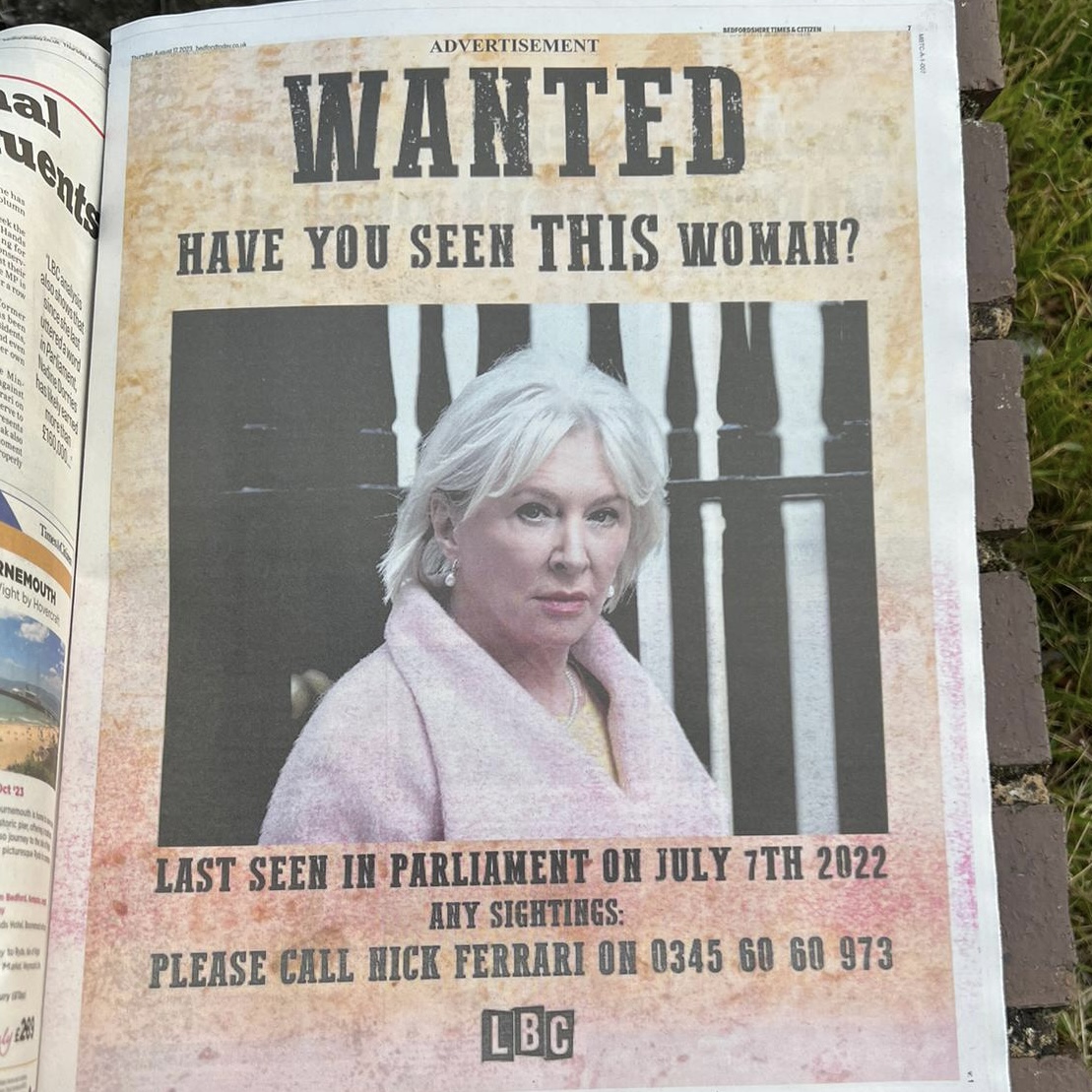 Have you seen Nadine Dorries? The former Culture Secretary hasn’t spoken in Parliament for 400 days. Nick Ferrari took out an advert in her local newspaper and sent Henry Riley to try and find the missing-in-action MP.