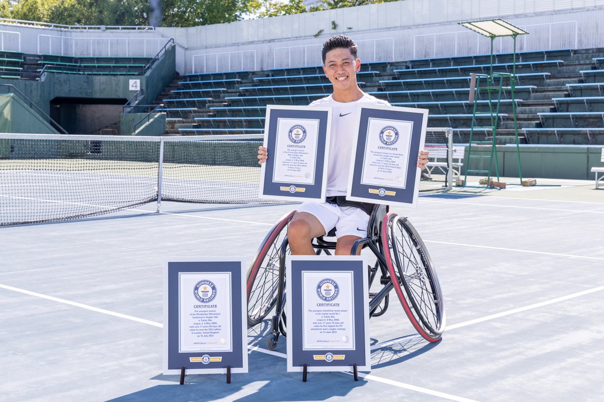 速報です🌟車いすテニス選手の小田凱人さんが、4つのギネス世界記録を達成㊗ ✅全仏オープン最年少優勝者 ✅グランドスラム最年少優勝者 ✅世界ランキング1位を獲得した最年少車いすテニス選手 ✅ウィンブルドン最年少優勝者 本当に、おめでとうございます😆🎉