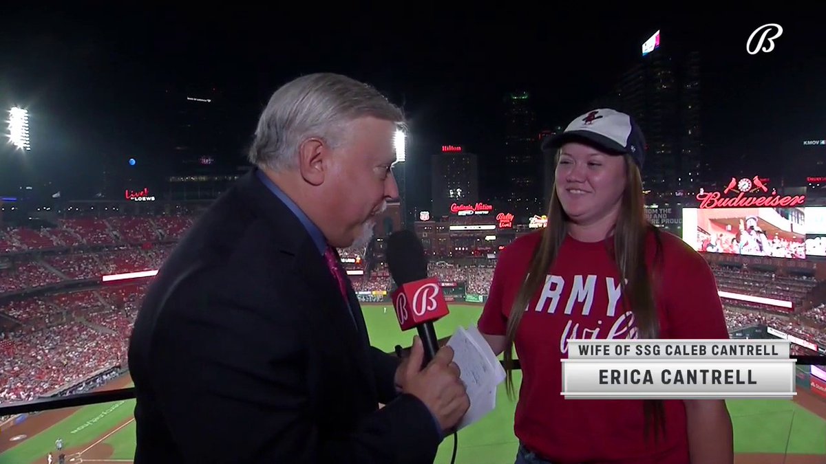 Erica Cantrell is the wife of SSG Caleb Cantrell. With Caleb serving, he still makes sure Erica is at #STLCards games: "I'm collecting bobbleheads for his Cardinal room." #CardsForTroops