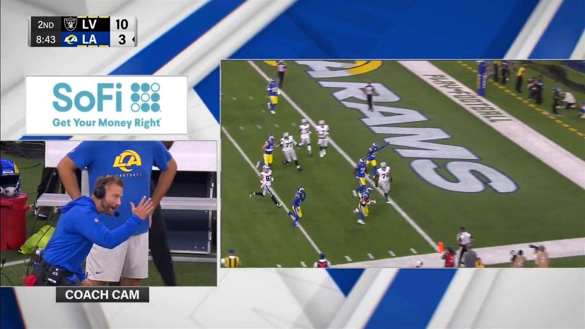 Coach McVay on Coach Cam for Jake Hummel's pick-6. 🤣 📺 ABC7 Eyewitness News + the Rams app