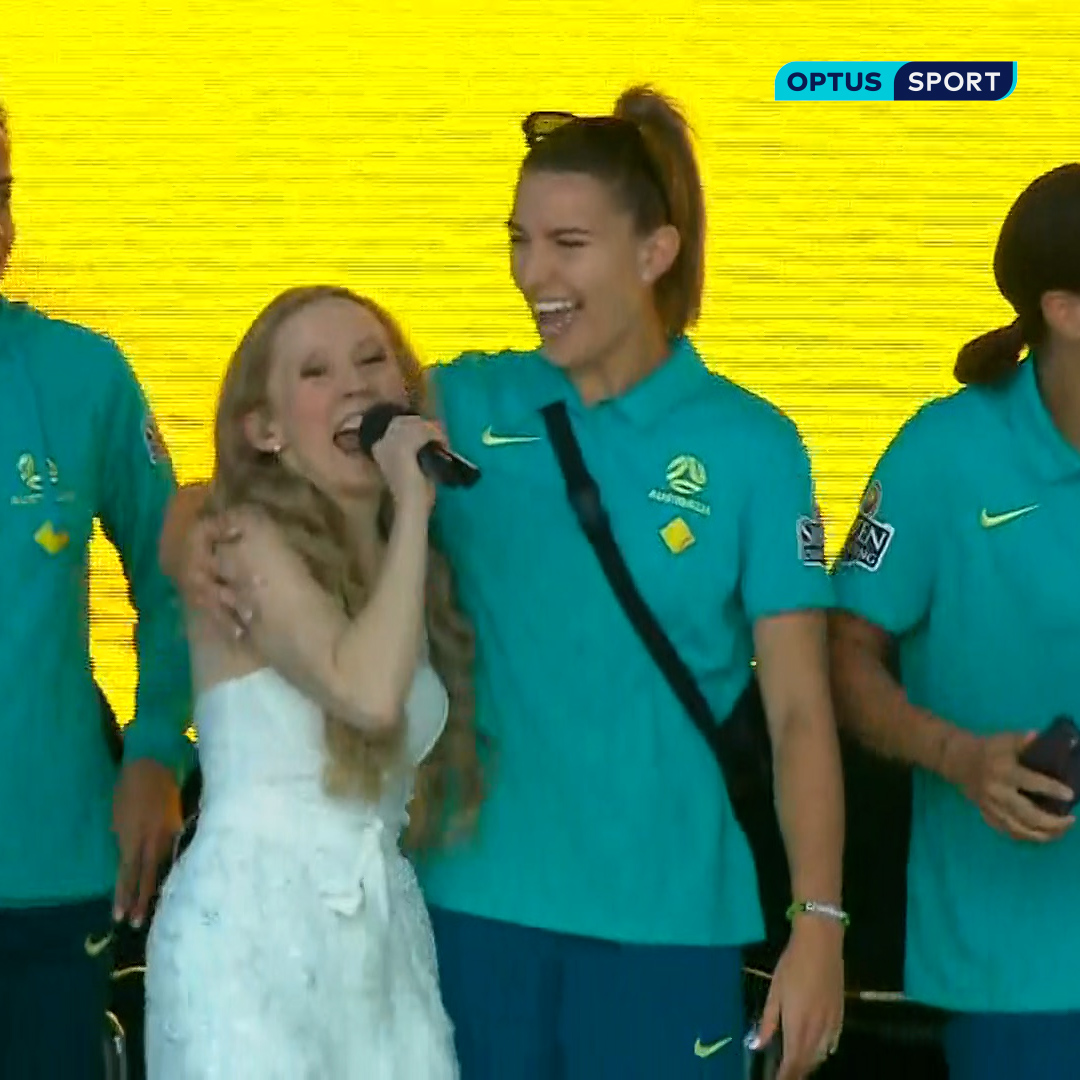Nikki Webster really showed up to the Matildas' parade in Brisbane to belt out Strawberry Kisses ๐ It's still a banger of a tune after all these years ๐๐ #FIFAWWC #OptusSport