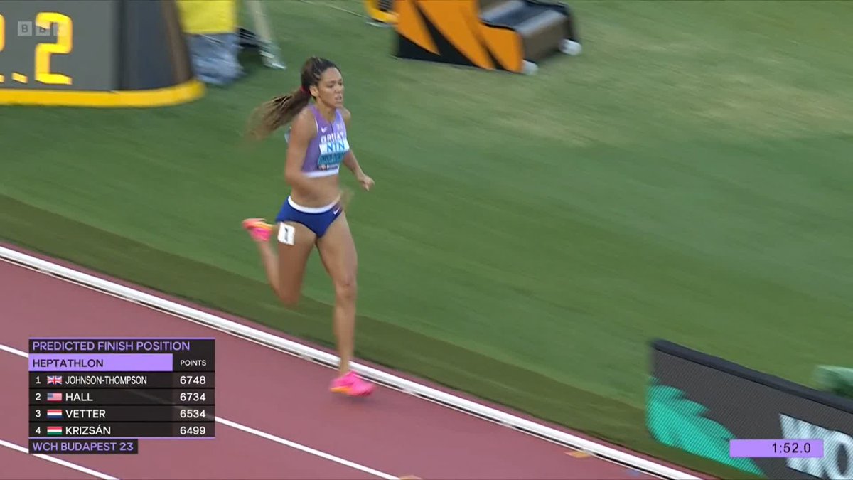 SHE'S DONE IT! It's GOLD for Katarina Johnson-Thompson 🥇 This is the moment she crossed the 800m finish line. #BBCAthletics
