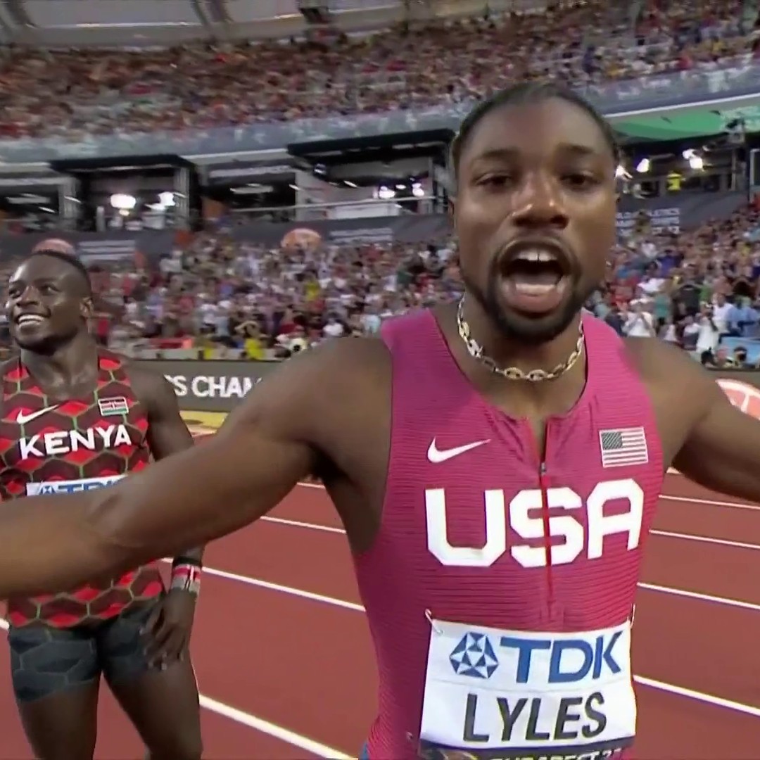 Introducing the FASTEST MAN IN THE WORLD! ⚡️ Noah Lyles is the newest world champion in the men's 100m. 📺 NBC Entertainment &amp; Peacock | #WorldAthleticsChamps