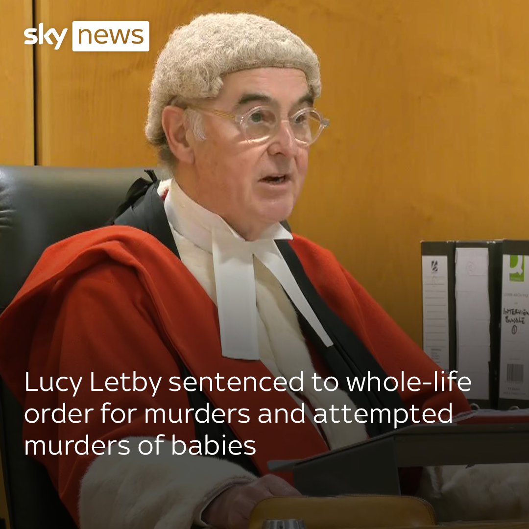 Nurse Lucy Letby, 33, will spend the rest of her life in prison after being given a whole-life order at Manchester Crown Court for the murders of seven babies and attempted murders of six others at the Countess of Chester Hospital. Read more: