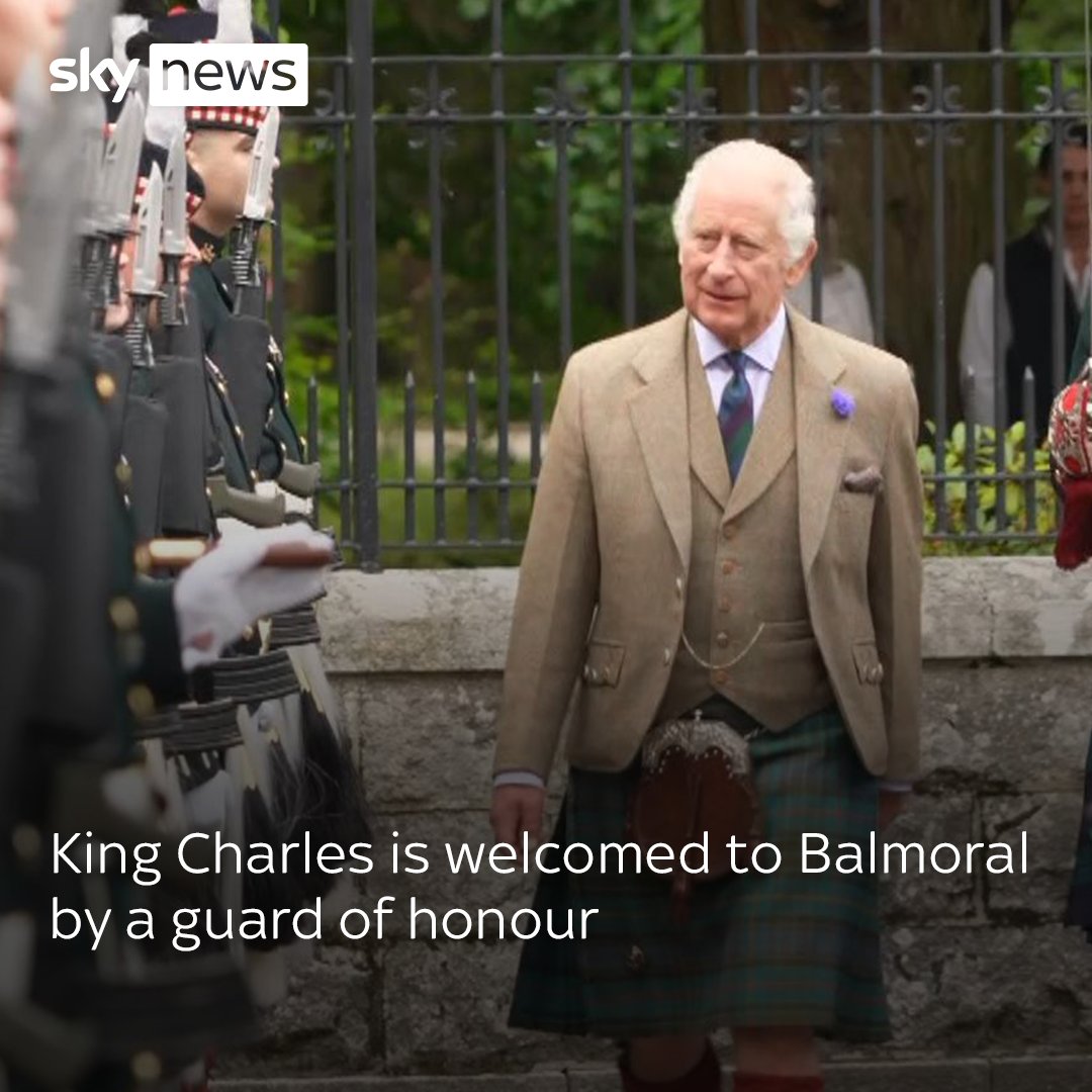 A small ceremony to welcome King Charles was held outside the gates of Balmoral Castle on Monday by a guard of honour. Find more: