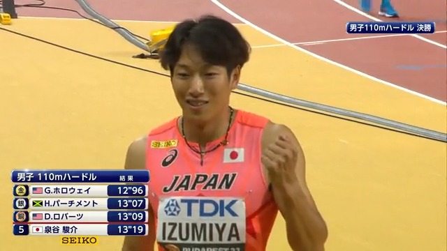 【#世界陸上ブダペスト】 ✅男子110mH 決勝 🥇🇺🇸#ホロウェイ 12秒96 ３連覇達成💫 🥈🇯🇲#パーチメント 13秒07 日本勢🇯🇵初のファイナル進出で #泉谷駿介 堂々の世界5位🌎✨ ✨✨✨入賞✨✨✨ タイムは13秒19 📺TBS系列 生中継 📱ライブ配信はTVer･UｰNEXT Paraviコーナー