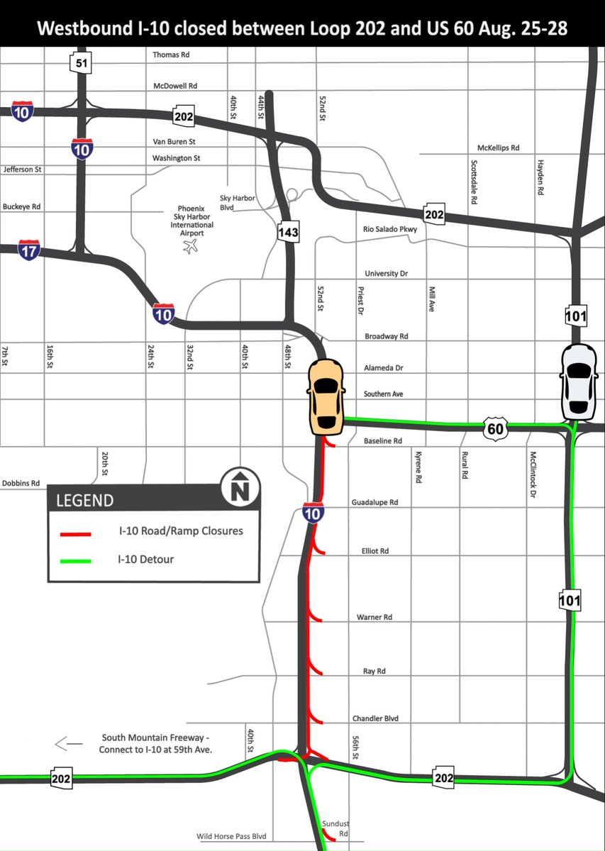 🚧I-10 CLOSURE 🚧 Westbound Interstate 10 will be closed between Loop 202 (Santan/South Mountain Freeway) and US 60 from 10 p.m. Friday, Aug. 25, to 4 a.m. Monday, Aug. 28, for a traffic shift. #stayaheadofthecurve at