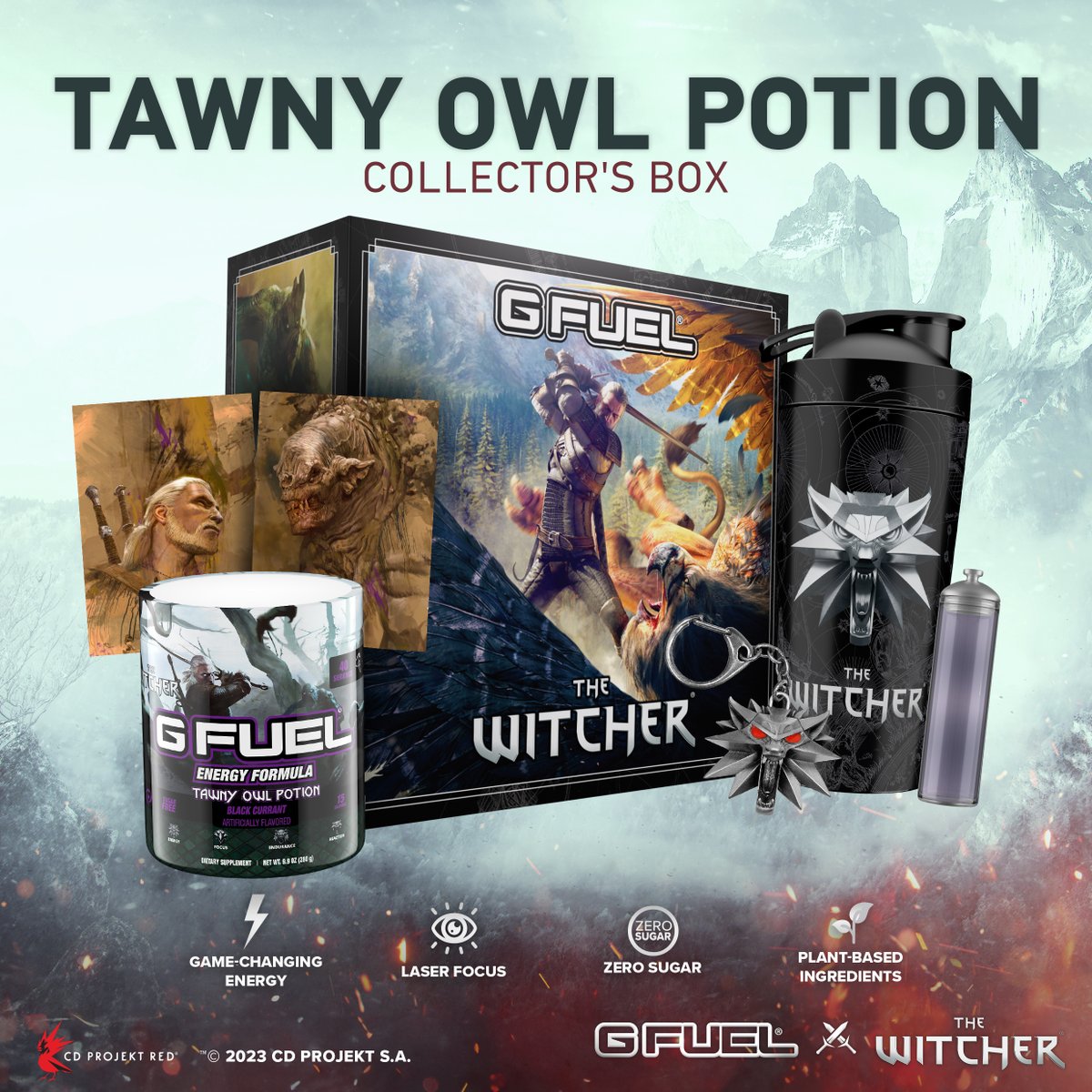 🐺 INTRODUCING THE @WitcherGame's #GFUEL "𝐓𝐀𝐖𝐍𝐘 𝐎𝐖𝐋 𝐏𝐎𝐓𝐈𝐎𝐍"! Regen your stamina with this Black Currant elixir so you can keep slaying those monsters for coin! ❤️ 𝐑𝐓 to win a Collector's Box! 2 Winners picked this weekend! 🛒 𝐒𝐇𝐎𝐏: