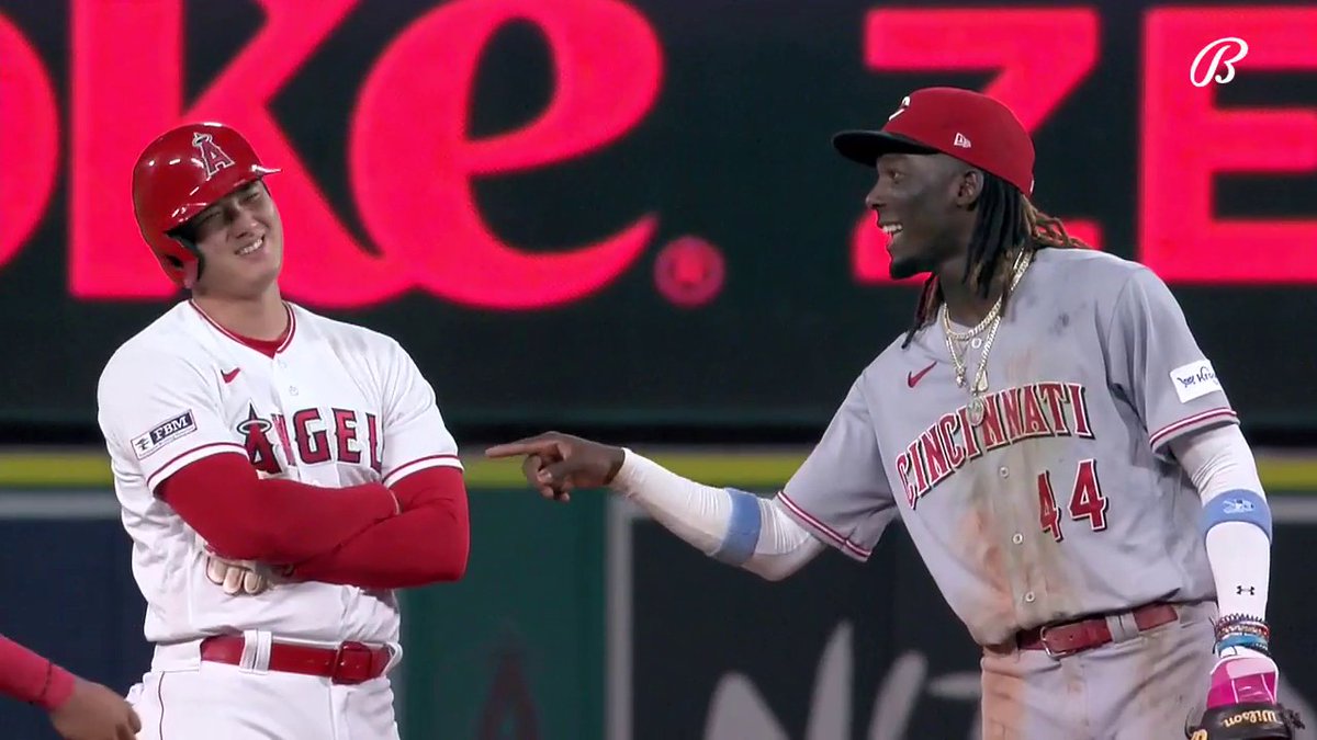Elly De La Cruz touching Shohei Ohtani to see if he’s real and Ohtani giving him crap for where he hit a ball with an off-balance swing. The language of baseball >