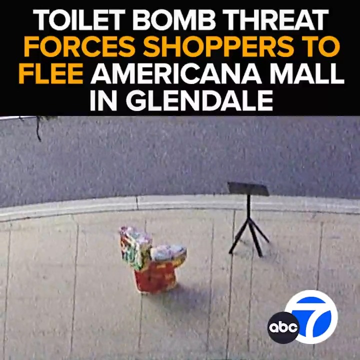#BREAKING: Shoppers flee The Americana at Brand in Glendale after a toilet painted red, with a threatening note nearby, mysteriously appears. Air7-HD is over the scene as police evacuate the mall and flush out the situation. Tonight at 11 from ABC7