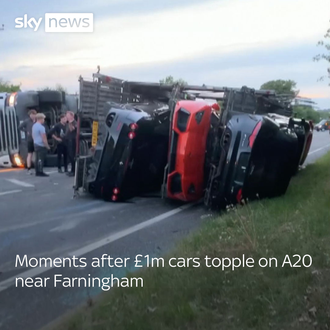 Nine cars worth more than £1m were tipped over on the side of a dual carriageway in Kent after a transporter carrying the luxury vehicles overturned. Read more: