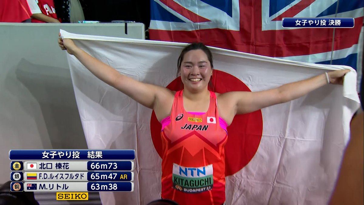 【おめでとう🥇】世界陸上女子やり投、日本の北口榛花が逆転の金メダル！最終投てきで66m73のビッグスロー「今日だけは本当に世界で一番幸せです」
