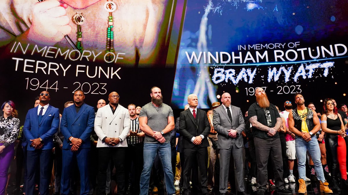 As #SmackDown begins, the entire roster gathers to observe an emotional moment of silence and the traditional 10-bell salute in tribute of Bray Wyatt and WWE Hall of Famer Terry Funk.