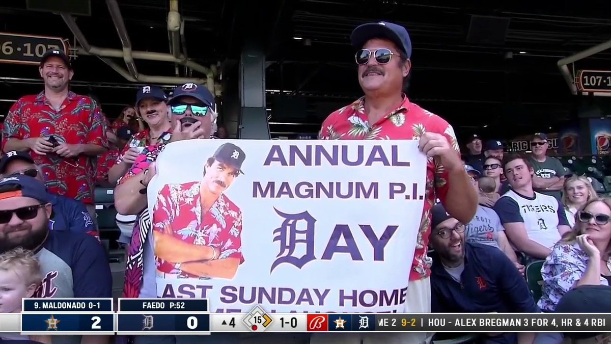It's the annual Magnum, P.I. Day at Comerica Park, and there are approximately 180 fans decked out in their best mustaches, aviators and Hawaiian shirts! #RepDetroit