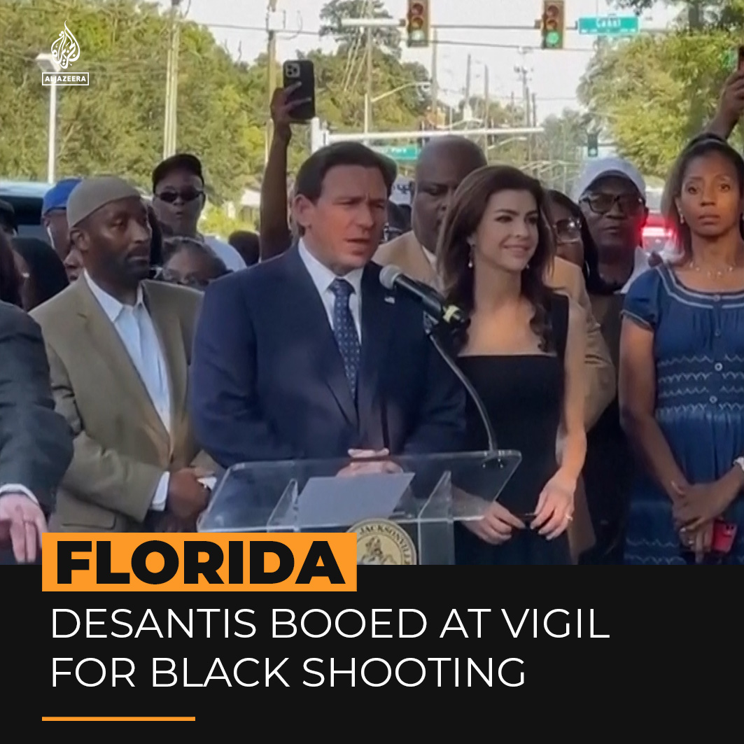 See the moment Florida’s governor and US presidential hopeful Ron DeSantis was booed and heckled when he spoke at a vigil for three black people killed in a racist shooting ⤵️