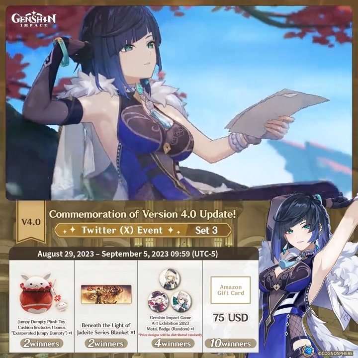 ✨Day 1✨ Commemoration of Version 4.0 Update! #GenshinImpact Twitter Event - Set 3 How to Participate: ① Follow Genshin Impact ② Retweet this post And you can instantly receive the event results! Event Rules: #FollowGenshinImpact