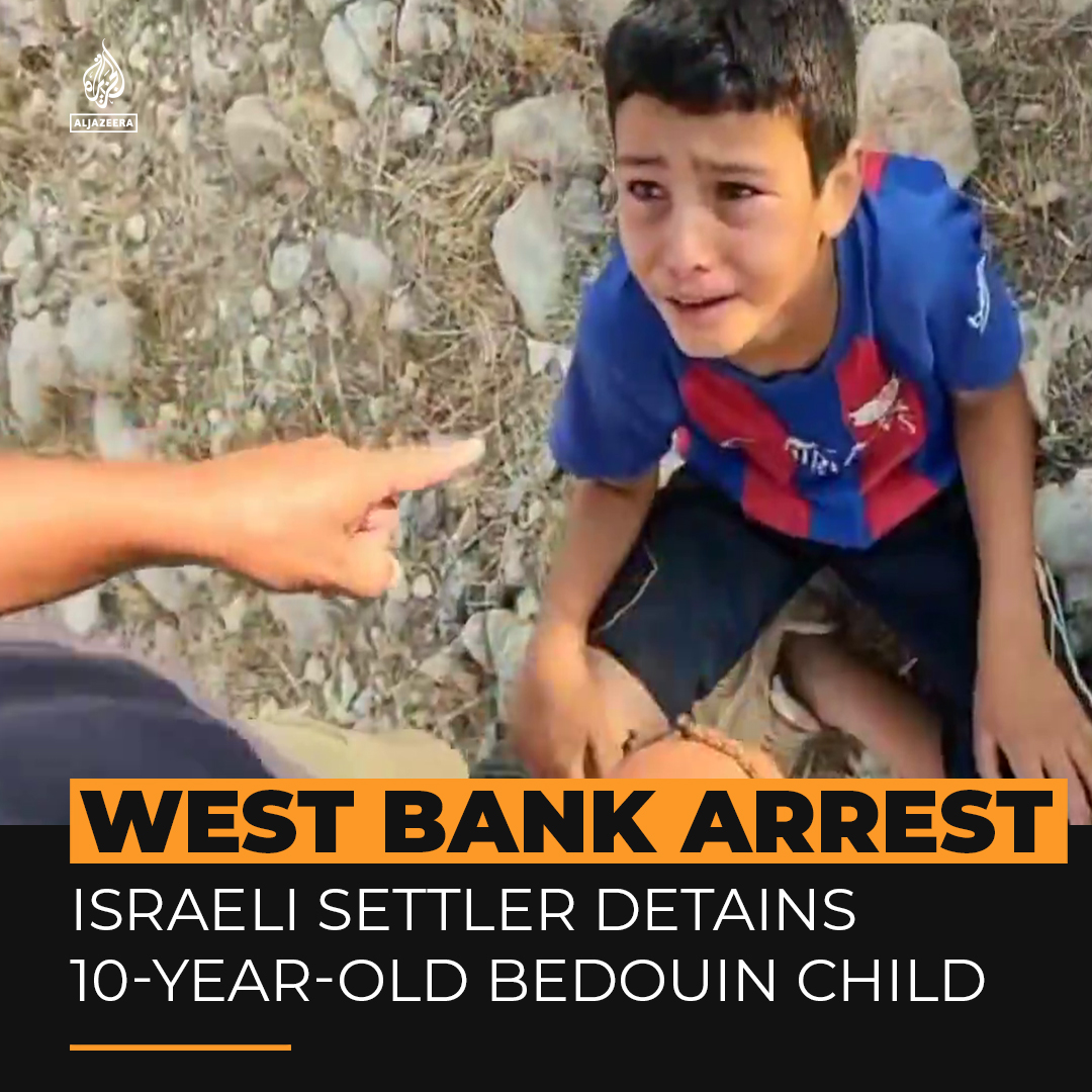 Video has emerged of an Israeli settler guard detaining and harassing a child who was minding a herd of goats. The settler called the police who arrested the child and two women who had come to his aide ⤵️