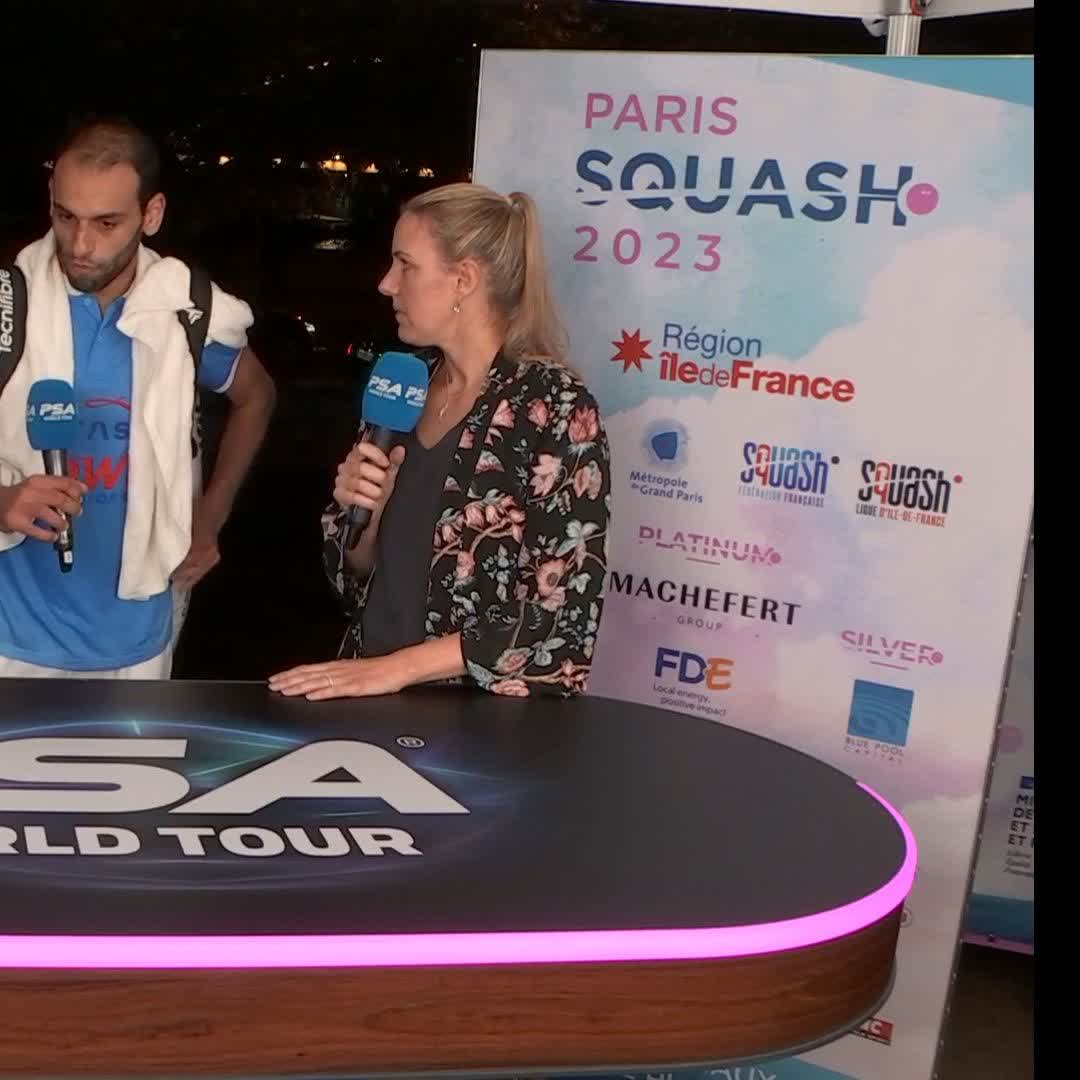 🎥 Joey Barrington & Laura Massaro MBE catch up with Mohamed ElShorbagy following his match with Mazen Hesham #ParisSquash