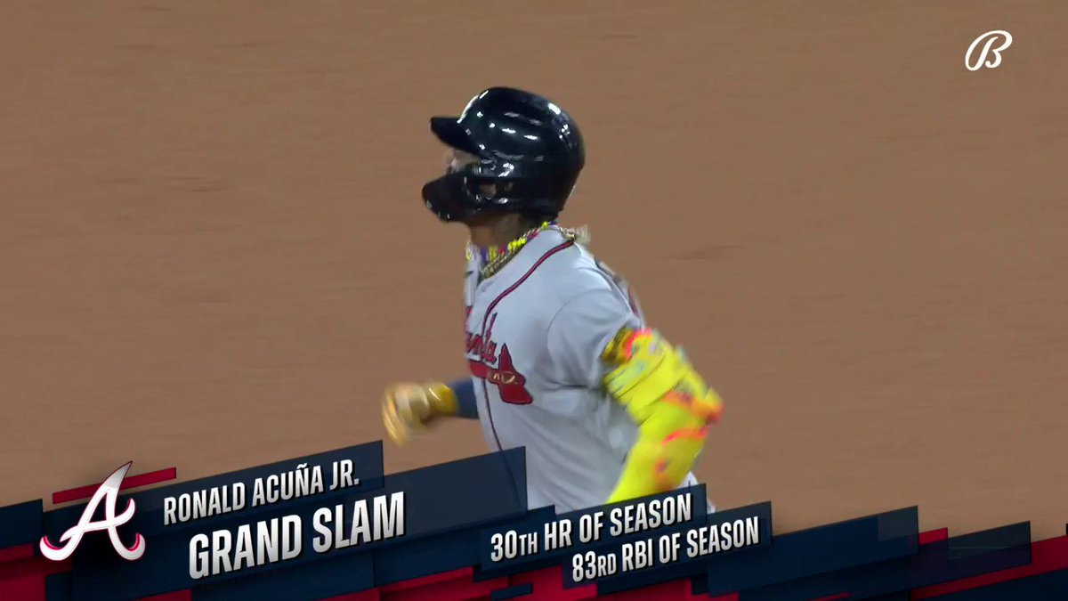 RONALD ACUÑA JR. GRAND SLAM. Becomes the first player in MLB history with 30+ HR and 60+ SB in a season. It's August. 😳 @BravesOnBally