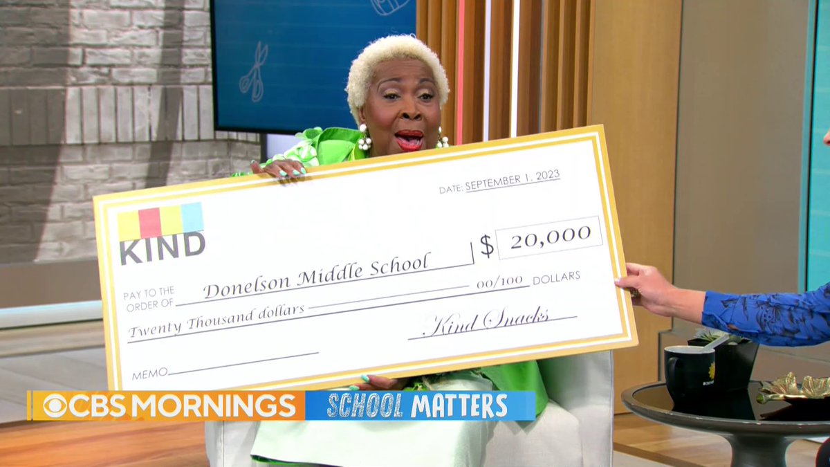 SURPRISE: Ms. Barbara Talley works hard to make sure her Nashville middle school’s free food pantry is always stocked. Now, KIND Snacks is furnishing a $20,000 donation to the pantry — and bars to stock it throughout the school year.