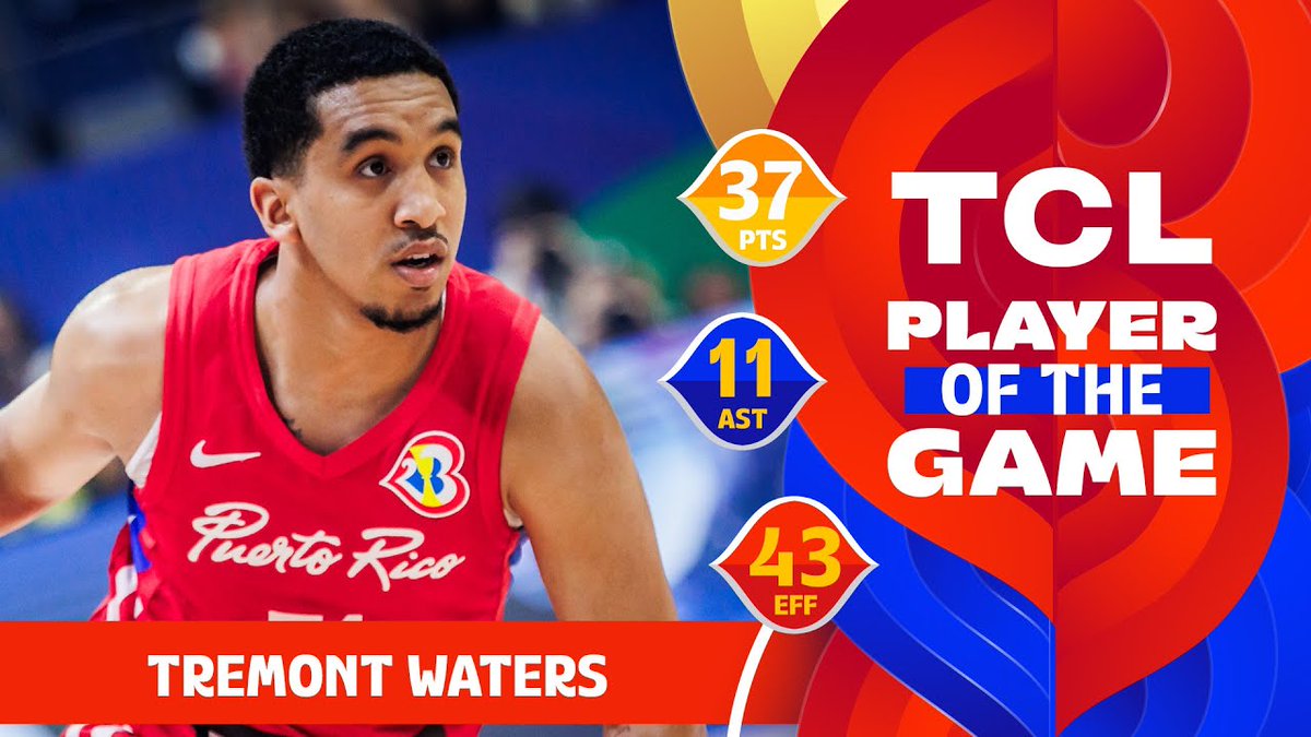 Tremont Waters went nuclear in a crucial Puerto Rico win to earn TCL Player of the Game honors 💥 📊 37 PTS | 11 AST | 7 REB | 7 3PM | 43 EFF #FIBAWC x #WinForPuertoRico 🇵🇷 | #InspireGreatness