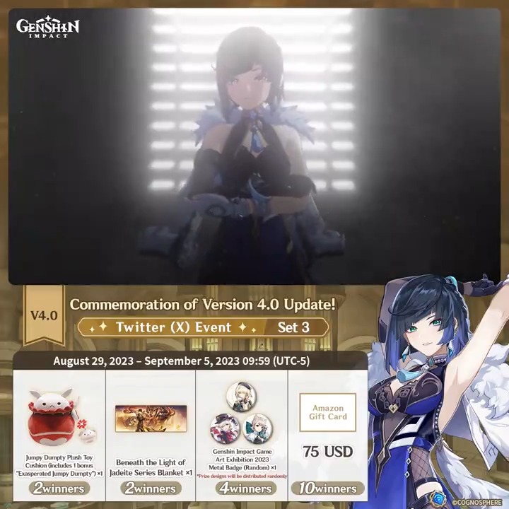 ✨Day 5✨ Commemoration of Version 4.0 Update! #GenshinImpact Twitter Event - Set 3 How to Participate: ① Follow Genshin Impact ② Retweet this post And you can instantly receive the event results! Event Rules: #FollowGenshinImpact
