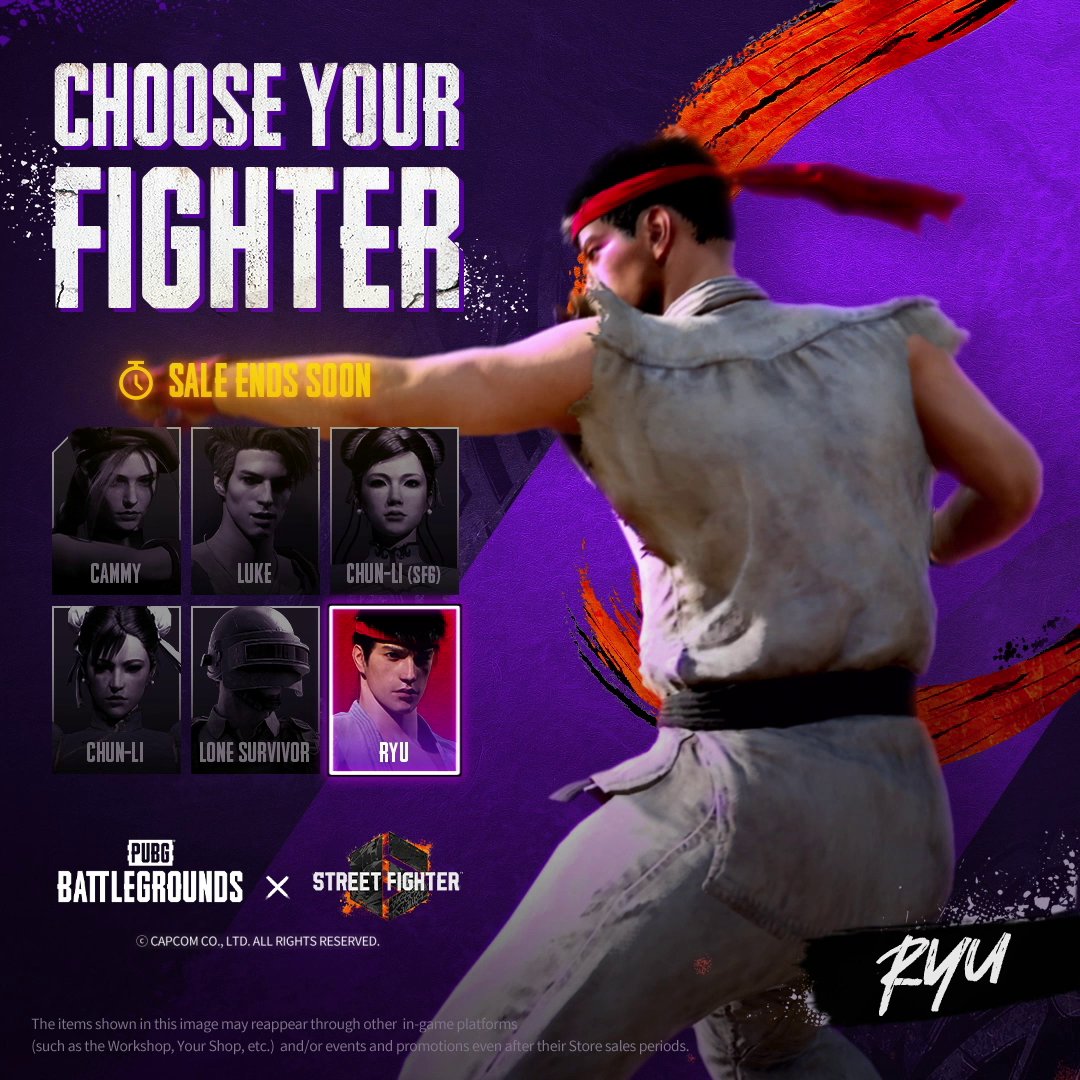 Who's diving into the BATTLEGROUNDS with you? Time's running out, choose your fighter ASAP🔥! #PUBG #StreetFighter6 #SF6