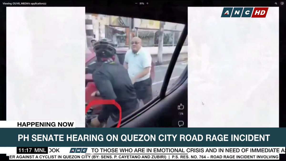 Dismissed cop in a road rage video Wilfredo Gonzales says that the dent on his car can prove that the cyclist was wearing a glove with hard knuckles on his right hand. In a screenshot shown during the Senate hearing, the cyclist was not wearing the said glove.