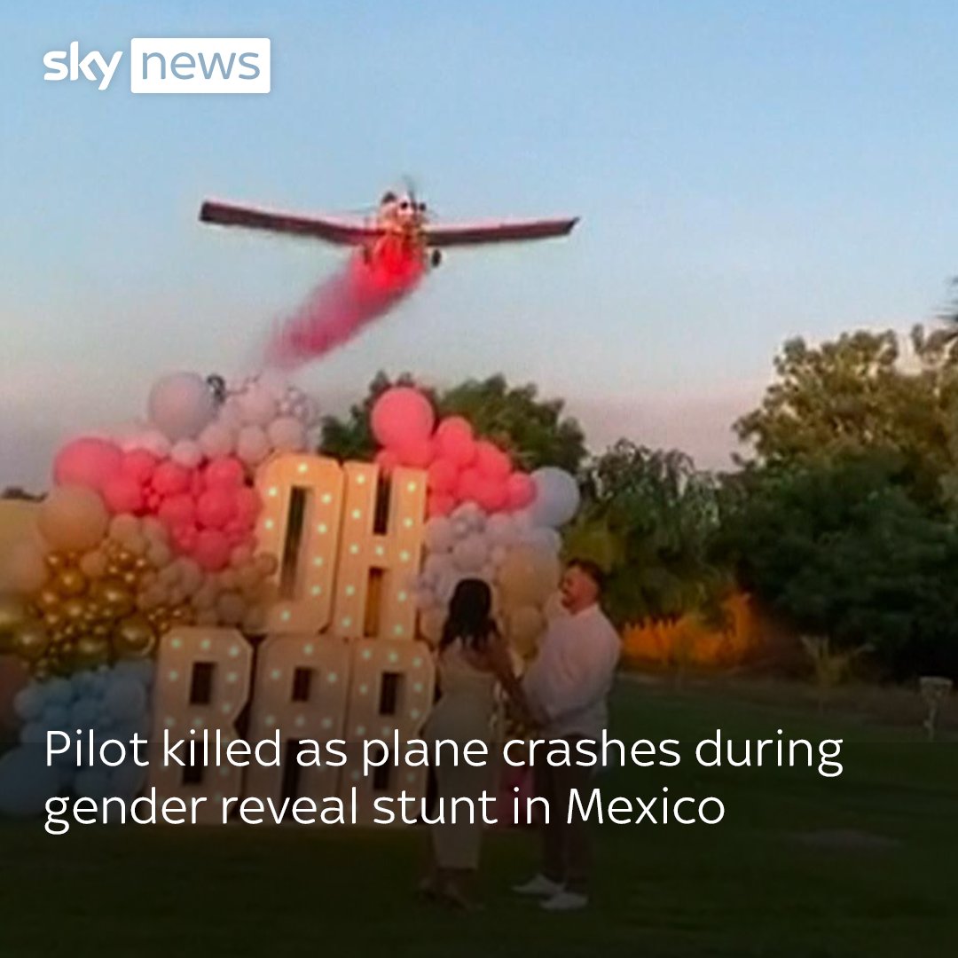 A pilot has died after the plane he was flying crashed during a gender reveal party in Mexico. A video shows the plane releasing pink smoke on the expectant couple before the aircraft begins to break up in the air