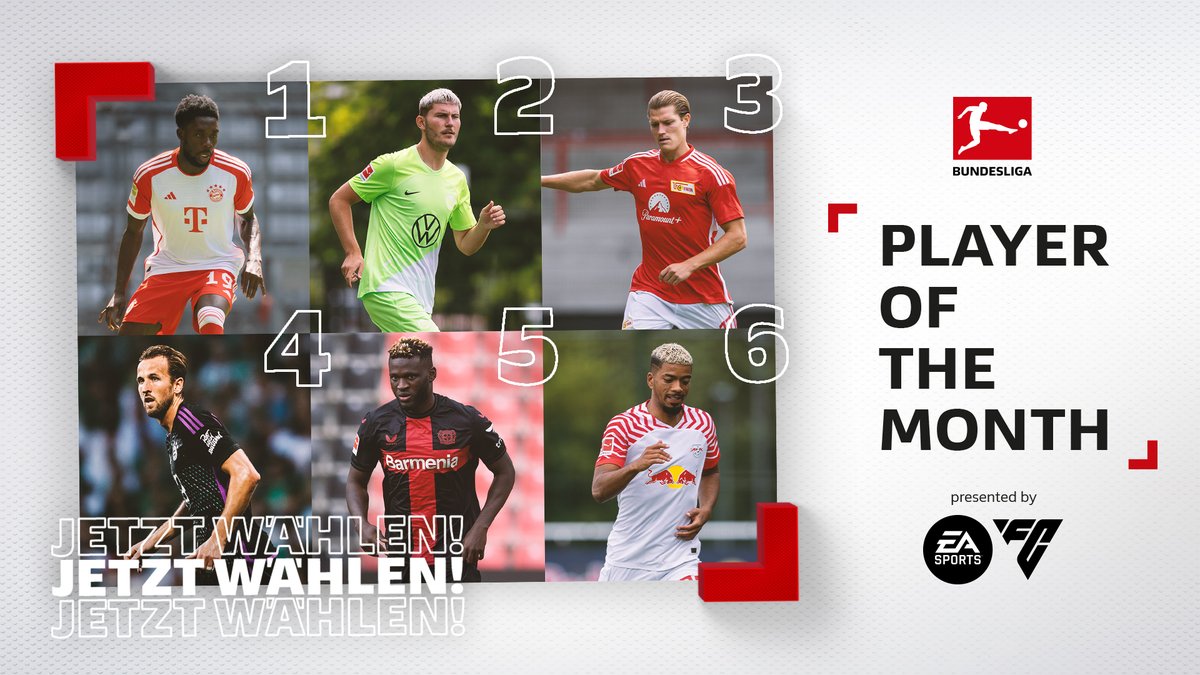 Wer wird der #BundesligaPOTM im August? ⭐️ Alphonso Davies (FC Bayern München) ⭐️ Jonas #Wind (VfL Wolfsburg) ⭐️ Kevin #Behrens (1. FC Union Berlin) ⭐️ Harry Kane (FC Bayern München) ⭐️ Victor Boniface (Bayer 04 Leverkusen) ⭐️ Benjamin #Henrichs (RB Leipzig) 👉 EA SPORTS FIFA 🕗 | #FC24