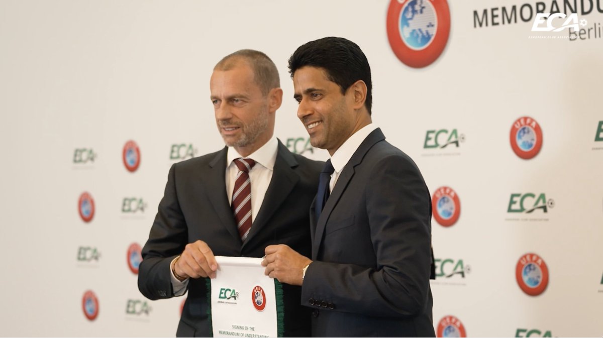 A historic day for both ECA and UEFA as ECA Chair Nasser Al-Khelaïfi and UEFA President Aleksander Čeferin sign a renewed Memorandum of Understanding for 2023-30 reinforcing the relationship in the interest of the game. #WeAreECA #HeartofFootball #ECA30GA