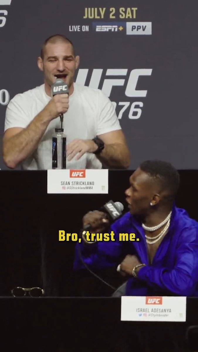 Face to Face! ๐ Israel Adesanya and Sean Strickland meet again at our #UFC293 presser! ๐บ Watch LIVE at 9am BST / 10am CEST tomorrow morning!